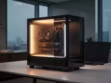 Modernes PC-Gehäuse mit dezentem Amber- und kaltweißem Licht, geriffelte Glasfront, auf minimalistischem Schreibtisch. - Foto: über boerse-global.de