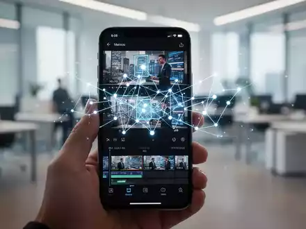 Eine Hand hält ein Smartphone mit KI-gestützter Videobearbeitungsoberfläche und leuchtenden digitalen Elementen. - Foto: über boerse-global.de