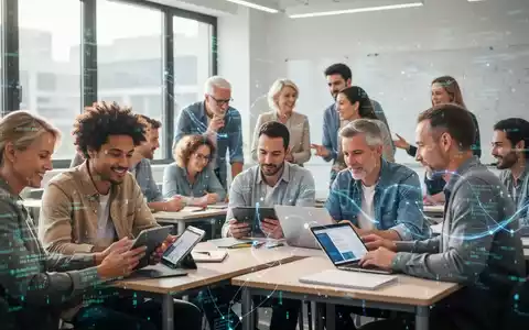 Eine vielfältige Gruppe von Erwachsenen in einem modernen Klassenzimmer, die digitale Geräte nutzen und diskutieren, mit einer subtilen digitalen Überlagerung. - Foto: über boerse-global.de