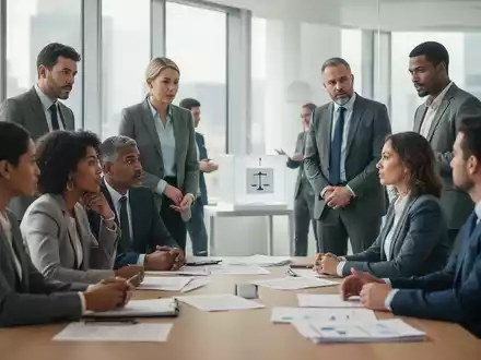 Eine Gruppe von Menschen in einem modernen Büro diskutiert, mit angedeuteten Wahlunterlagen im Hintergrund. - Foto: über boerse-global.de