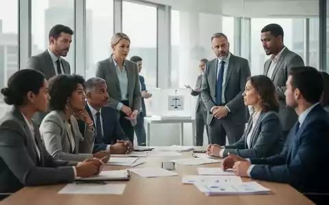 Eine Gruppe von Menschen in einem modernen Büro diskutiert, mit angedeuteten Wahlunterlagen im Hintergrund. - Foto: über boerse-global.de