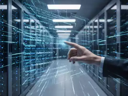Stilisierte blaue Datenströme in einem dunklen, futuristischen Serverraum mit holografischer Code-Oberfläche. - Foto: über boerse-global.de
