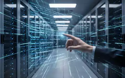 Stilisierte blaue Datenströme in einem dunklen, futuristischen Serverraum mit holografischer Code-Oberfläche. - Foto: über boerse-global.de