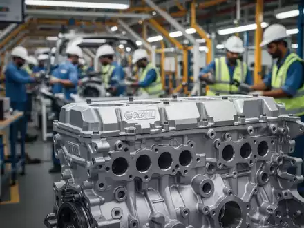 Nahaufnahme eines Motors mit leichtem Castrol-Logo, im Hintergrund eine verschwommene Tata Motors Montagelinie in Karnataka. - Foto: über boerse-global.de