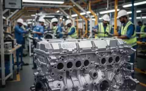 Nahaufnahme eines Motors mit leichtem Castrol-Logo, im Hintergrund eine verschwommene Tata Motors Montagelinie in Karnataka. - Foto: über boerse-global.de