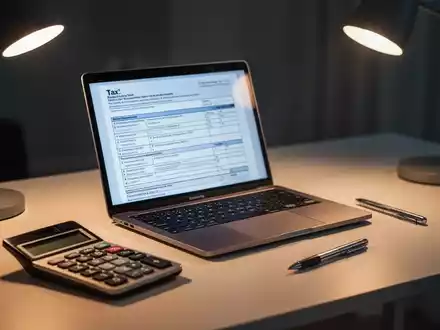 Ein Schreibtisch mit Laptop, der ein Steuerformular anzeigt, einem Taschenrechner und einem Stift, der Dringlichkeit vermittelt. - Foto: über boerse-global.de