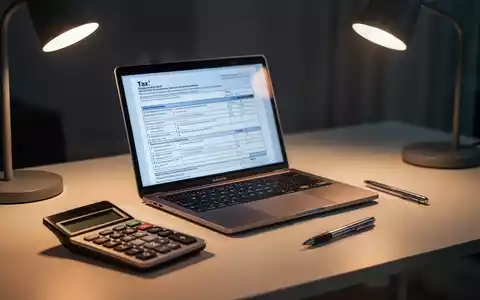 Ein Schreibtisch mit Laptop, der ein Steuerformular anzeigt, einem Taschenrechner und einem Stift, der Dringlichkeit vermittelt. - Foto: über boerse-global.de