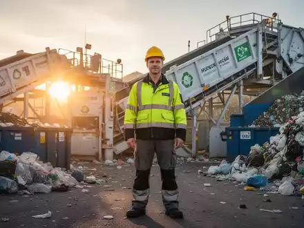 Ein Abfallentsorgungsmitarbeiter in Schutzkleidung steht inmitten von Recyclingmaschinen und sortiertem Abfall, beleuchtet von der Sonne. - Foto: über boerse-global.de