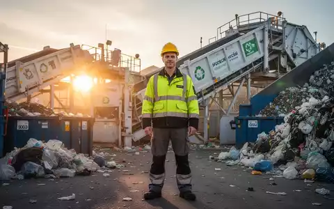 Ein Abfallentsorgungsmitarbeiter in Schutzkleidung steht inmitten von Recyclingmaschinen und sortiertem Abfall, beleuchtet von der Sonne. - Foto: über boerse-global.de