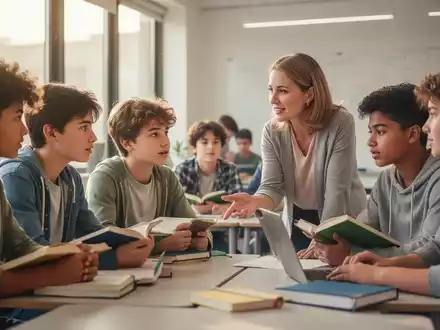 Jugendliche sitzen in einem hellen Klassenzimmer und sprechen mit einem Erwachsenen über Prüfungsstress und psychische Belastung. - Foto: über boerse-global.de