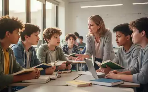 Jugendliche sitzen in einem hellen Klassenzimmer und sprechen mit einem Erwachsenen über Prüfungsstress und psychische Belastung. - Foto: über boerse-global.de