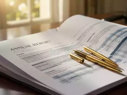 Ein stilisiertes Bild eines Jahresberichts, teilweise geöffnet, mit einem goldenen Stift, der in einem eleganten, sonnenbeschienenen Büro darauf ruht. - Foto: über boerse-global.de