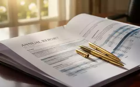 Ein stilisiertes Bild eines Jahresberichts, teilweise geöffnet, mit einem goldenen Stift, der in einem eleganten, sonnenbeschienenen BĂŒro darauf ruht. - Foto: ĂŒber boerse-global.de