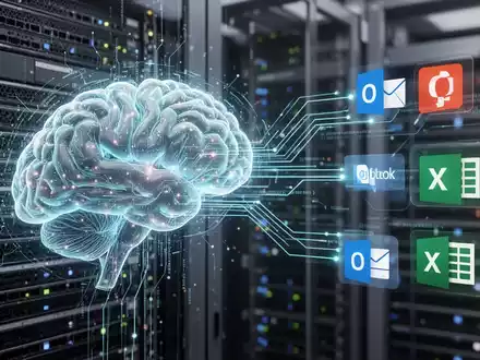 Leuchtende KI-Gehirnschnittstelle mit digitalen Linien zu abstrakten Microsoft 365-Symbolen, über unscharfem Rechenzentrum-Hintergrund. - Foto: über boerse-global.de