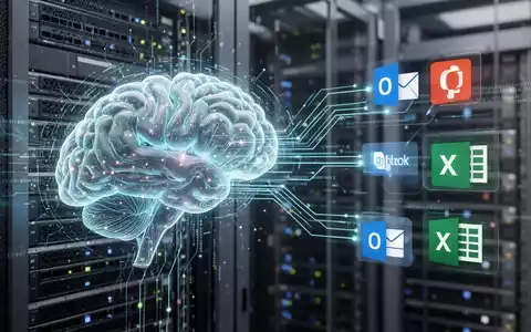 Leuchtende KI-Gehirnschnittstelle mit digitalen Linien zu abstrakten Microsoft 365-Symbolen, über unscharfem Rechenzentrum-Hintergrund. - Foto: über boerse-global.de