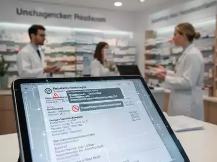 Digitales Tablet mit elektronischem Rezept zeigt technische Fehler an, im Vordergrund einer Apotheke. - Foto: über boerse-global.de