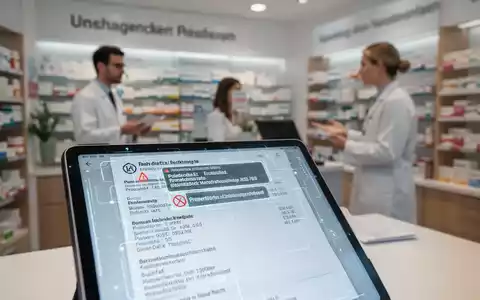 Digitales Tablet mit elektronischem Rezept zeigt technische Fehler an, im Vordergrund einer Apotheke. - Foto: über boerse-global.de