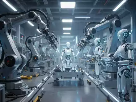 Roboterarme und humanoide Roboter arbeiten auf einer futuristischen Fabrikhalle, fortschrittliche KI und Automatisierung in der Fertigung darstellend. - Foto: über boerse-global.de