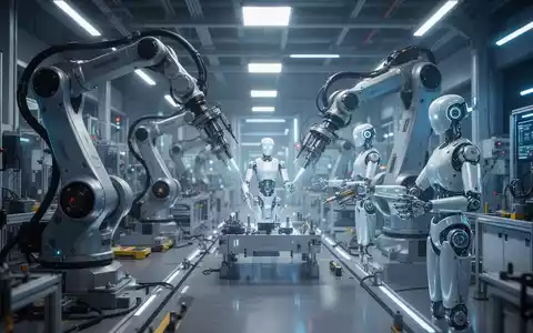 Roboterarme und humanoide Roboter arbeiten auf einer futuristischen Fabrikhalle, fortschrittliche KI und Automatisierung in der Fertigung darstellend. - Foto: über boerse-global.de