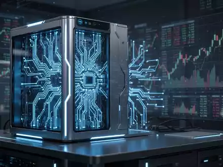 Futuristischer Quantencomputer mit leuchtenden blauen Schaltkreisen und subtilen Finanzmarktdaten im Hintergrund. - Foto: über boerse-global.de