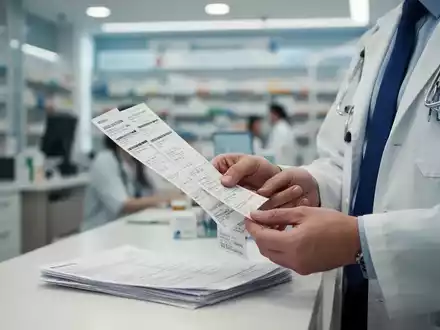 Eine medizinische Fachkraft überprüft sorgfältig Rezeptetiketten oder Patientenakten in einer Arztpraxis oder Apotheke. - Foto: über boerse-global.de