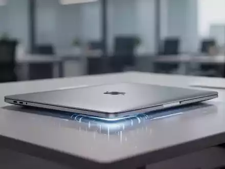 Schlankes, silbernes Laptop mit dünnem Profil auf minimalistischen Schreibtisch, weiches, professionelles Licht. - Foto: über boerse-global.de