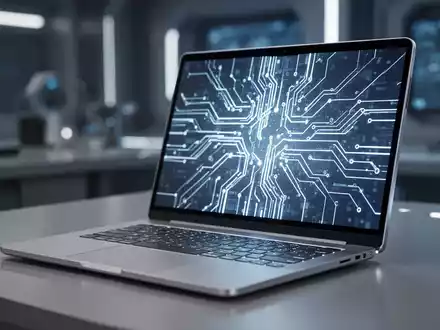Futuristischer silberner Laptop mit leuchtendem Bildschirm und abstrakten Schaltkreismustern, die fortschrittliche Technologie und neue Hardware-Generation symbolisieren. - Foto: über boerse-global.de