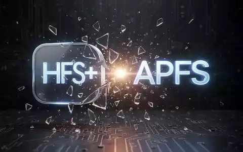 Leuchtendes HFS+-Symbol zerspringt, modernes APFS-Logo erscheint, symbolisiert Dateisystem-Übergang. - Foto: über boerse-global.de
