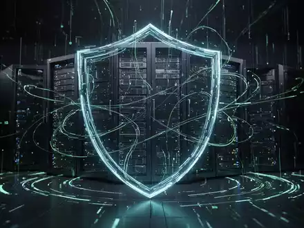 Abstrakte Darstellung von Cybersicherheit mit leuchtenden digitalen Linien, die ein Schutzschild um Server bilden. - Foto: über boerse-global.de