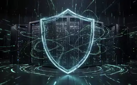 Abstrakte Darstellung von Cybersicherheit mit leuchtenden digitalen Linien, die ein Schutzschild um Server bilden. - Foto: über boerse-global.de