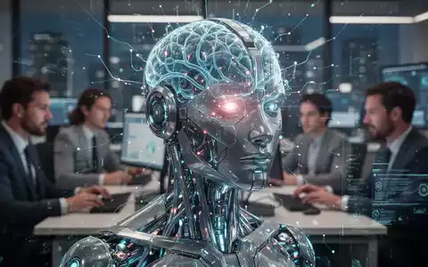 Nahaufnahme eines futuristischen KI-Agenten mit leuchtendem neuronalen Netzwerk, unscharfe Büroangestellte im Hintergrund, Symbol für fortschrittliche KI am Arbeitsplatz. - Foto: über boerse-global.de