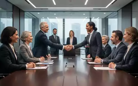 Geschäftsleute in einem modernen Sitzungssaal, einer schüttelt einem anderen die Hand, symbolisiert eine Vorstandsernennung. - Foto: über boerse-global.de