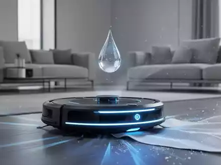 Ein futuristischer Saugroboter reinigt ein modernes Wohnzimmer, während ein Tropfen Reinigungsmittel über einem Stoff schwebt. - Foto: über boerse-global.de