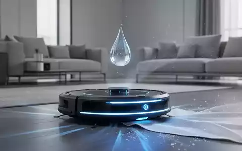 Ein futuristischer Saugroboter reinigt ein modernes Wohnzimmer, während ein Tropfen Reinigungsmittel über einem Stoff schwebt. - Foto: über boerse-global.de