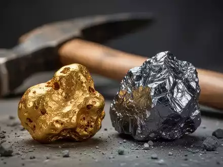 Nahaufnahme eines Goldnuggets neben einem Stück Wolfram-Erz, mit unscharfem Bergbauwerkzeug im Hintergrund. - Foto: über boerse-global.de