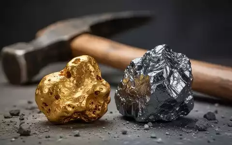 Nahaufnahme eines Goldnuggets neben einem Stück Wolfram-Erz, mit unscharfem Bergbauwerkzeug im Hintergrund. - Foto: über boerse-global.de