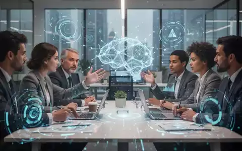 Geschäftsleute in einem modernen Büro interagieren mit abstrakten digitalen KI-Schnittstellen, die Zusammenarbeit und Innovation symbolisieren. - Foto: über boerse-global.de