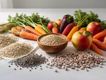 Eine Nahaufnahme einer ästhetisch arrangierten Auswahl an ballaststoffreichen Lebensmitteln wie Obst, Gemüse und Vollkornprodukten. - Foto: über boerse-global.de