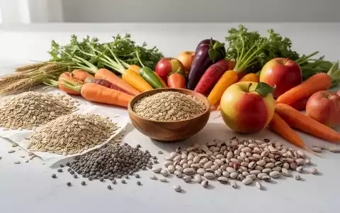 Eine Nahaufnahme einer ästhetisch arrangierten Auswahl an ballaststoffreichen Lebensmitteln wie Obst, Gemüse und Vollkornprodukten. - Foto: über boerse-global.de