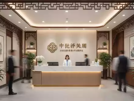 Eine moderne, saubere Empfangshalle einer Klinik für Traditionelle Chinesische Medizin (TCM) in Peking mit warmem Licht. - Foto: über boerse-global.de