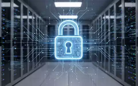 Leuchtend blaues digitales Vorhängeschloss-Symbol mit abstrakten Datenlinien, vor verschwommenem Serverraum-Hintergrund, symbolisiert Online-Sicherheit. - Foto: über boerse-global.de
