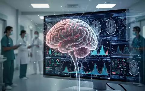 Ein stilisiertes menschliches Gehirn mit leuchtenden neuronalen Netzlinien auf einem medizinischen Monitor, der MRT-Daten anzeigt. - Foto: über boerse-global.de