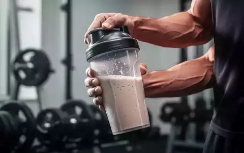 Eine Nahaufnahme eines Protein-Shakes, der in einem Shaker zubereitet wird, mit einem starken Arm und unscharfen Gewichten im Hintergrund. - Foto: über boerse-global.de