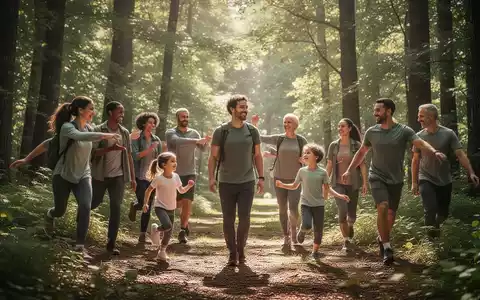 Mitarbeitende und ihre Familien nehmen an einem Gesundheitskurs in der Natur teil, umgeben von Bäumen und Sonnenlicht. - Foto: über boerse-global.de