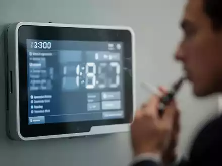 Eine digitale Stechuhr mit unscharfer Anzeige und im Vordergrund eine angedeutete Person, die eine Pause macht, symbolisiert Arbeitszeiterfassung. - Foto: über boerse-global.de