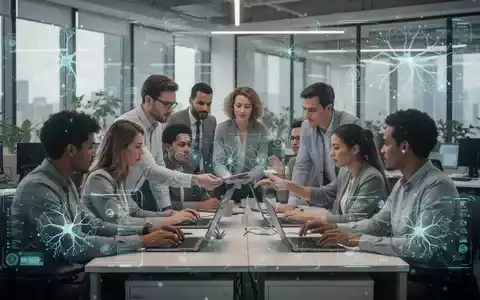Büroangestellte in einem modernen Büro, die zusammenarbeiten, mit subtilen digitalen Überlagerungen, die KI und Technologie symbolisieren. - Foto: über boerse-global.de