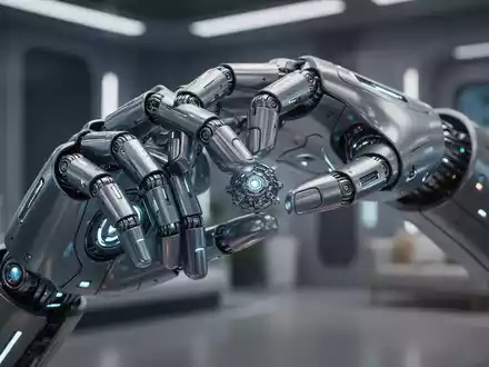 Nahaufnahme einer humanoiden Roboterhand mit fünf Fingern, die ein kleines Objekt hält. - Foto: über boerse-global.de