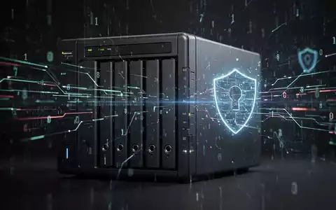 Ein NAS-Gerät, umgeben von digitalen Datenströmen und Leuchtlinien, die Datenlecks und Netzwerkschwachstellen symbolisieren. - Foto: über boerse-global.de