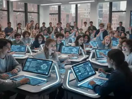 Schüler in einem modernen Klassenzimmer in New York City interagieren mit futuristischer Bildungstechnologie. - Foto: über boerse-global.de