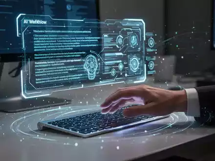 Ein futuristischer Schreibtisch mit holografischer Textanzeige und fließenden digitalen Datenströmen, die KI-unterstützte Produktivität symbolisieren. - Foto: über boerse-global.de